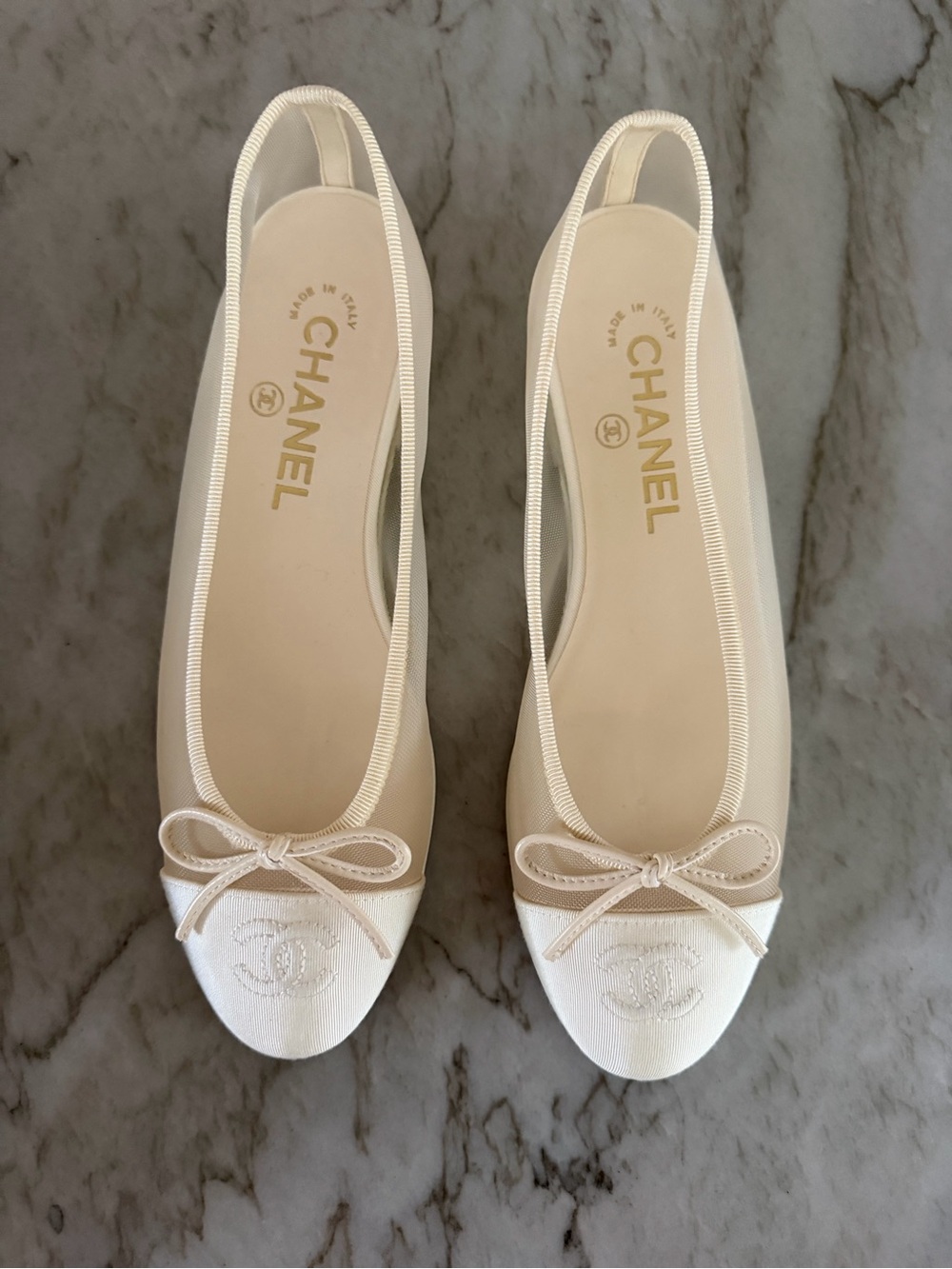 Chanel Ivory Mesh & Grosgrain Ballet Flats Size 37